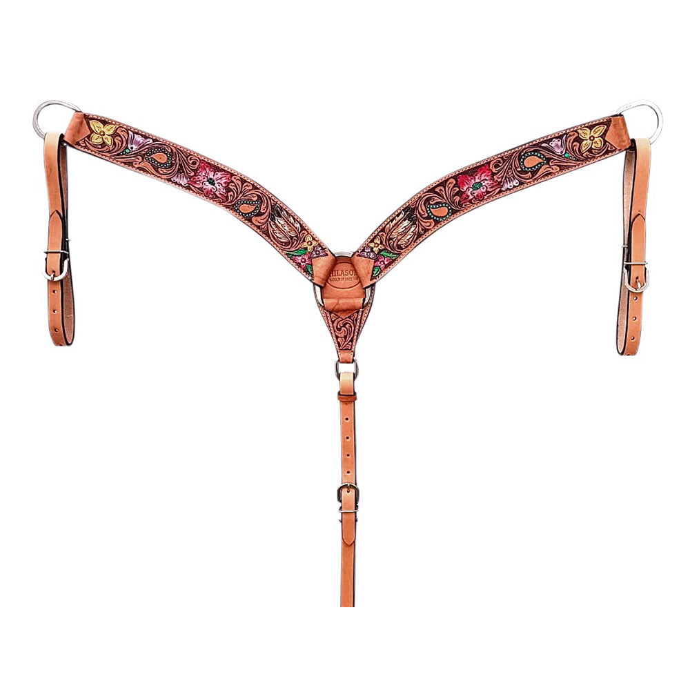 HILASON Western Horse Headstall &amp; Breast Collar Tack Set American Leather Floral Carving Tan