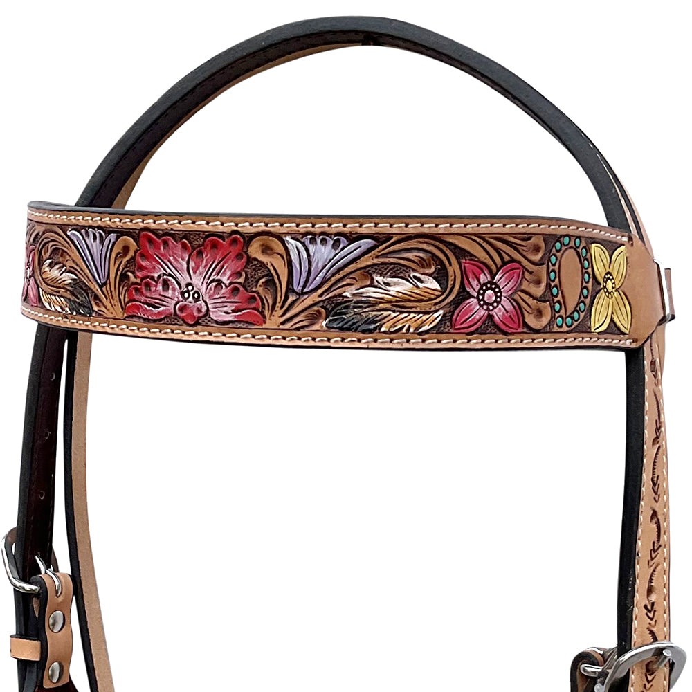 HILASON Western Horse Headstall &amp; Breast Collar Tack Set American Leather Floral Carving Tan