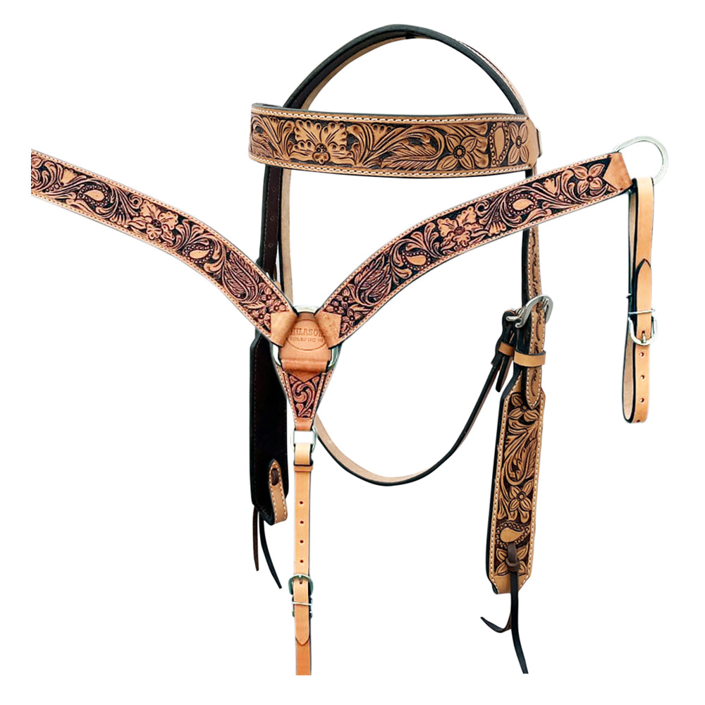 HILASON Western Horse Headstall &amp; Breast Collar Tack Set American Leather Floral Carving Tan