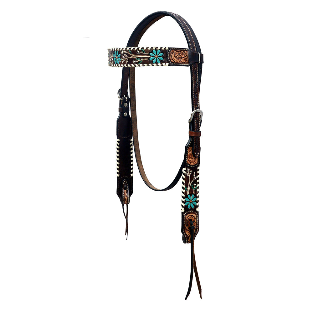 Hilason Horse Floral Hand Painted American Leather Breast Collar Headstall Dark Brown