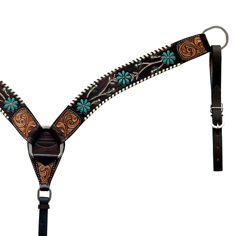 Hilason Horse Floral Hand Painted American Leather Breast Collar Headstall Dark Brown
