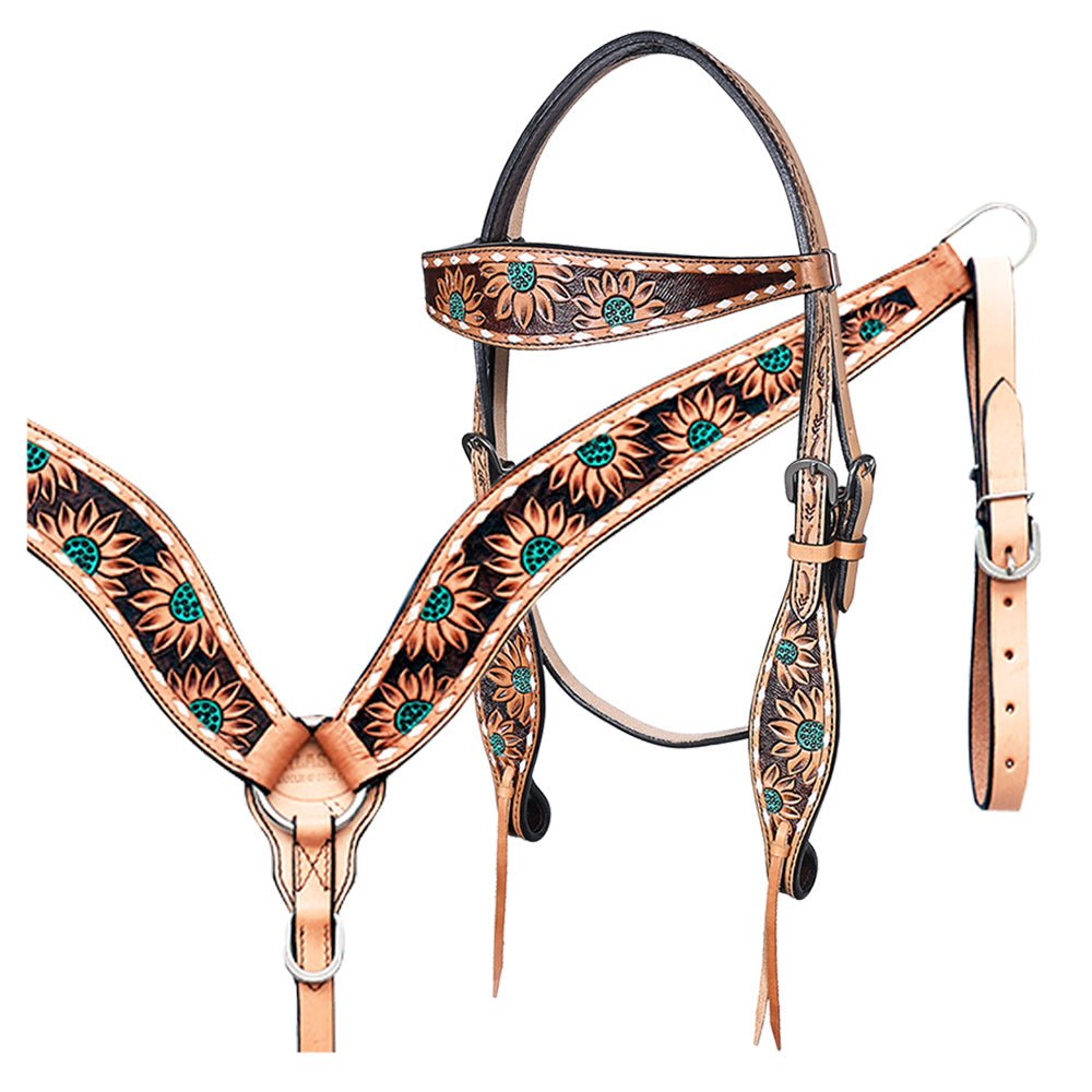 HILASON Western Horse Headstall &amp; Breast Collar American Leather Floral Carving