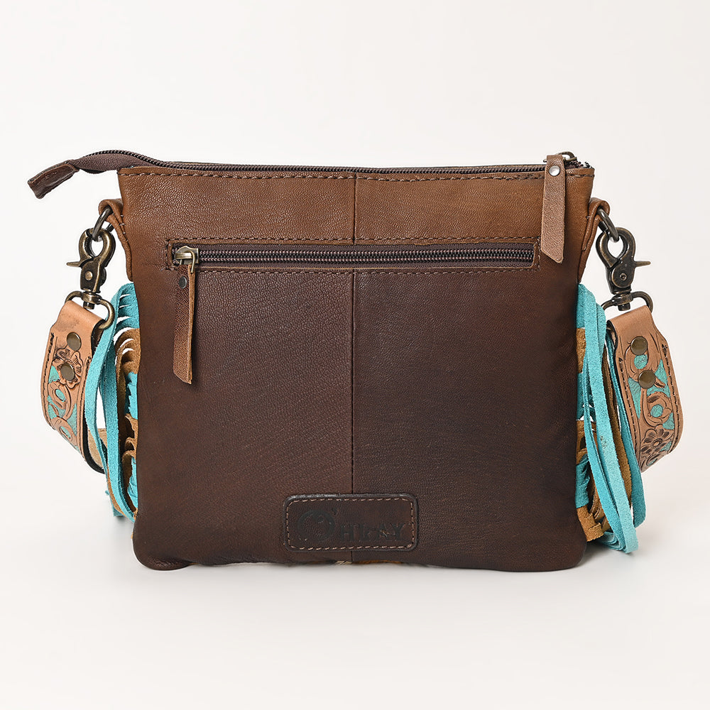 OHLAY Hand-Tooled Embossed Hair-On Leather Crossbody Bag