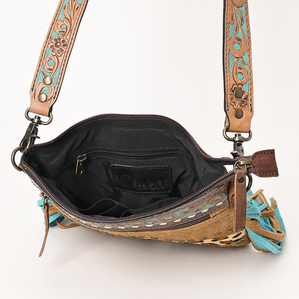 OHLAY Hand-Tooled Embossed Hair-On Leather Crossbody Bag