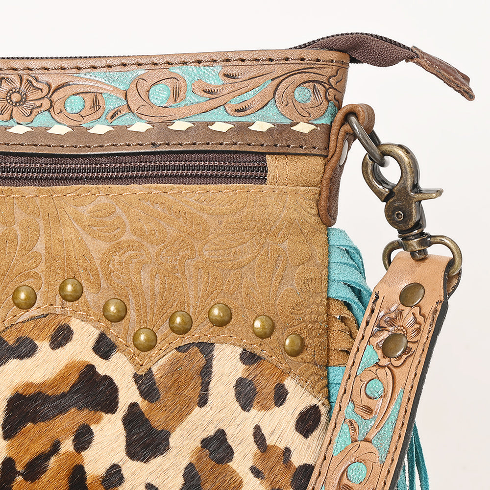 OHLAY Hand-Tooled Embossed Hair-On Leather Crossbody Bag