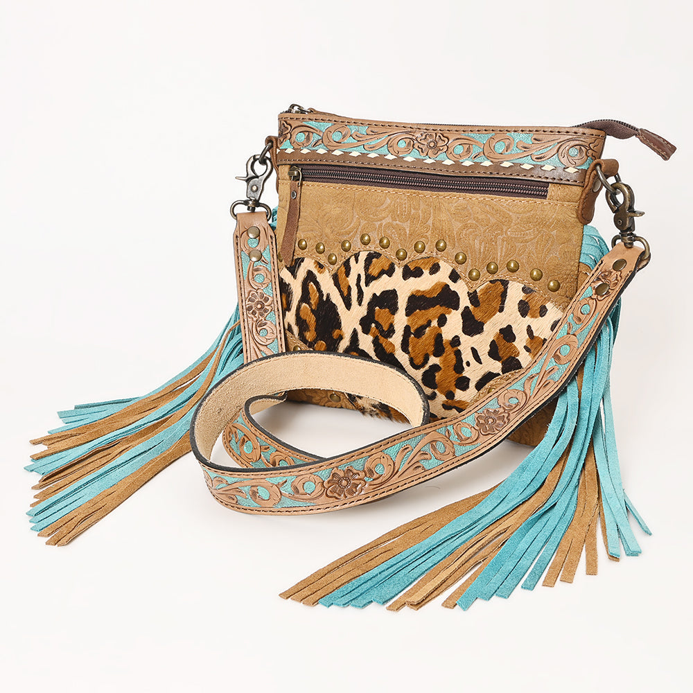 OHLAY Hand-Tooled Embossed Hair-On Leather Crossbody Bag