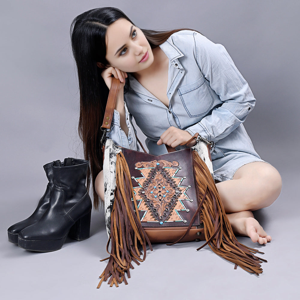 ADBG1219 American Darling Hand Tooled Hair On Genuine Leather Women Bag Western Handbag Purse