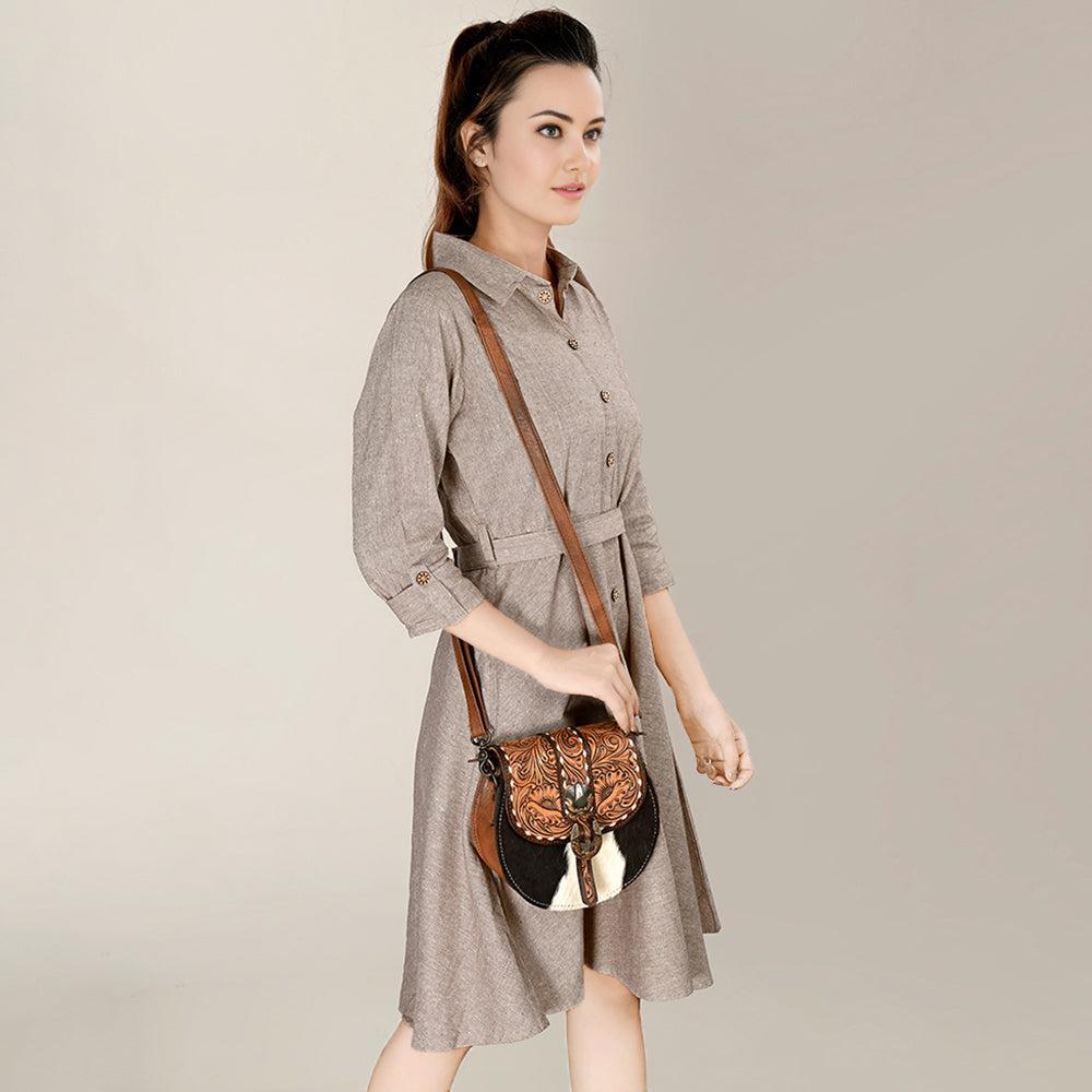 ADBG1222B American Darling Hand Tooled Hair On Genuine Leather Women Bag Western Handbag Purse