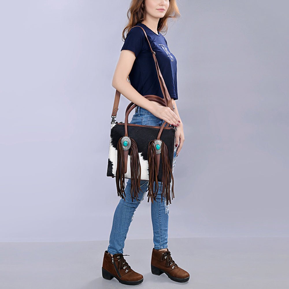 Hair-On Cowhide Western Leather Tote With Fringe
