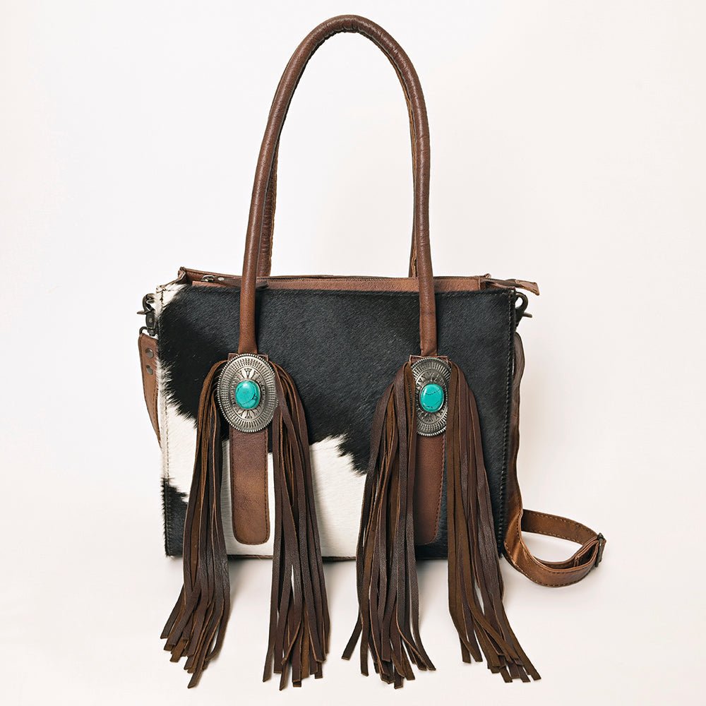 Hair-On Cowhide Western Leather Tote With Fringe