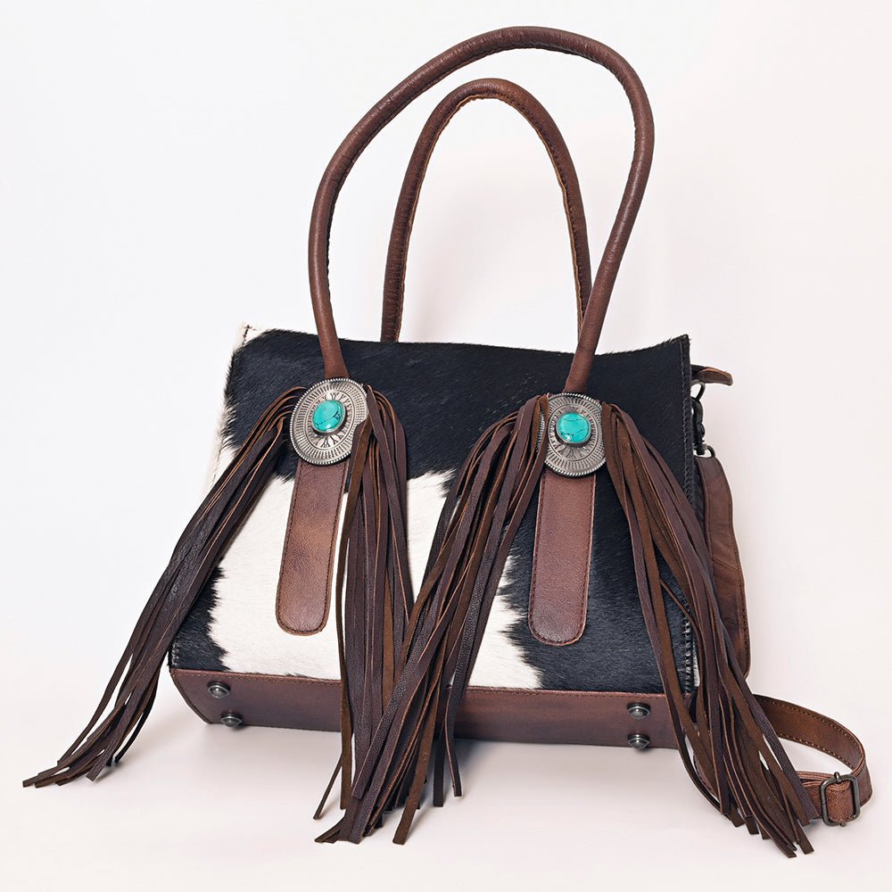 Hair-On Cowhide Western Leather Tote With Fringe