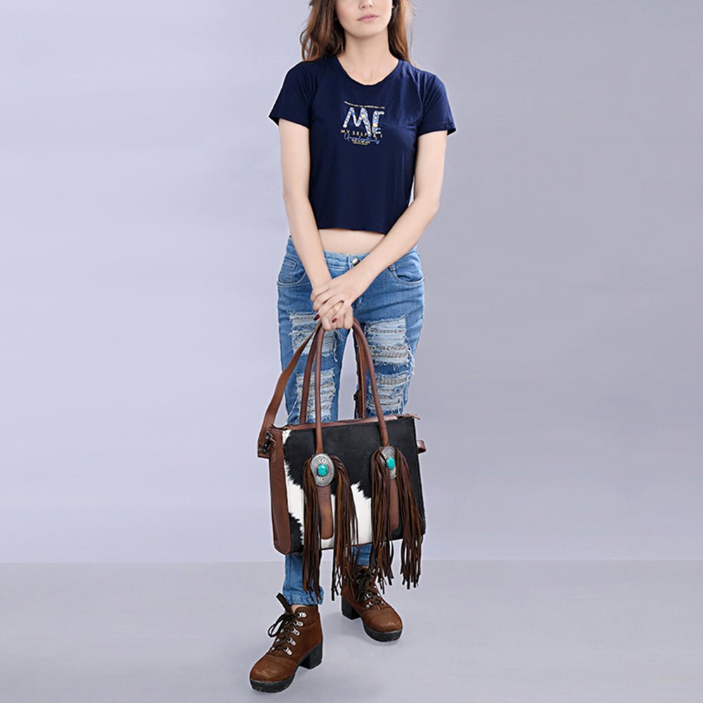 Hair-On Cowhide Western Leather Tote With Fringe
