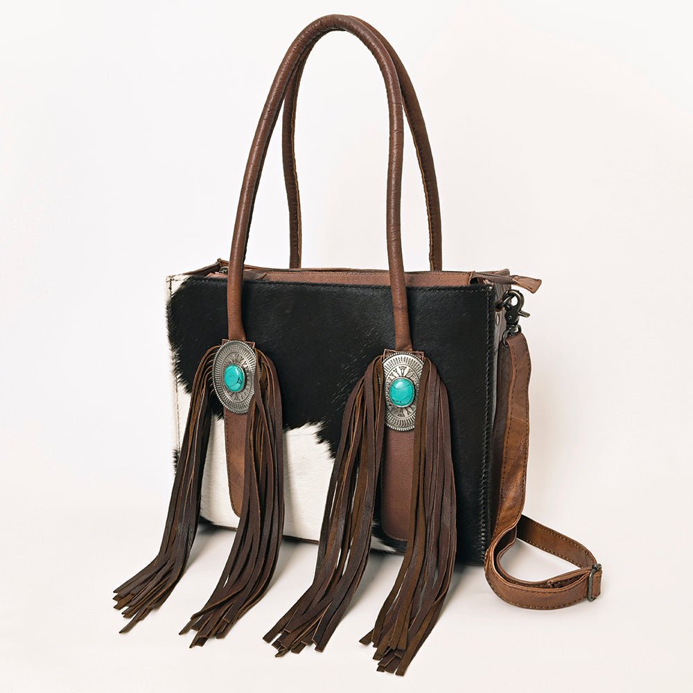 Hair-On Cowhide Western Leather Tote With Fringe