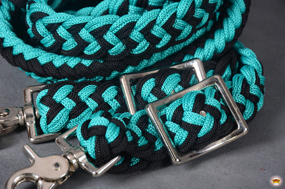 8 Ft. HILASON Braided Turquoise &amp; Black Flat Poly Roping Rein