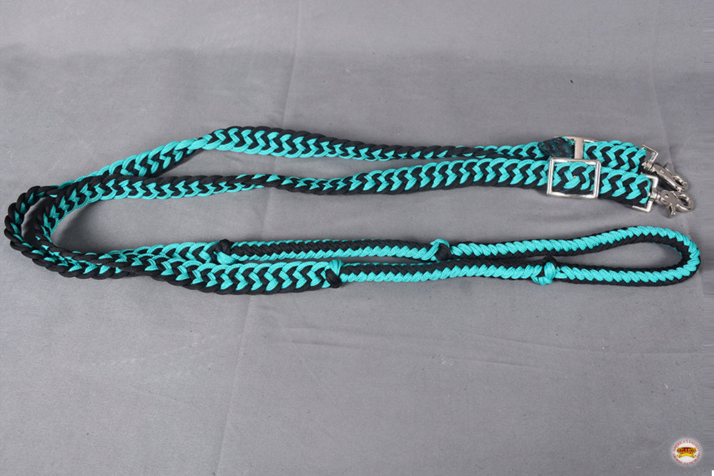 8 Ft. HILASON Braided Turquoise &amp; Black Flat Poly Roping Rein