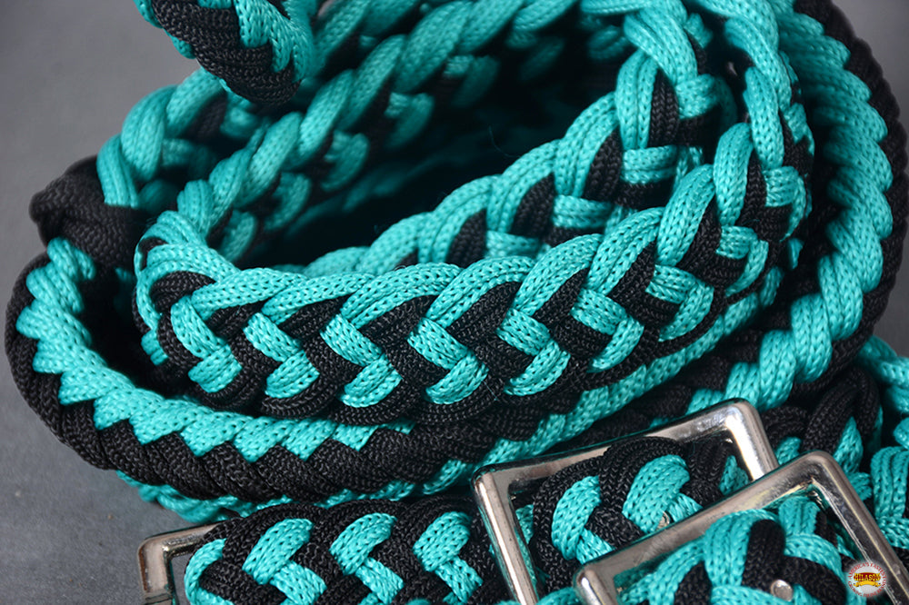 8 Ft. HILASON Braided Turquoise &amp; Black Flat Poly Roping Rein