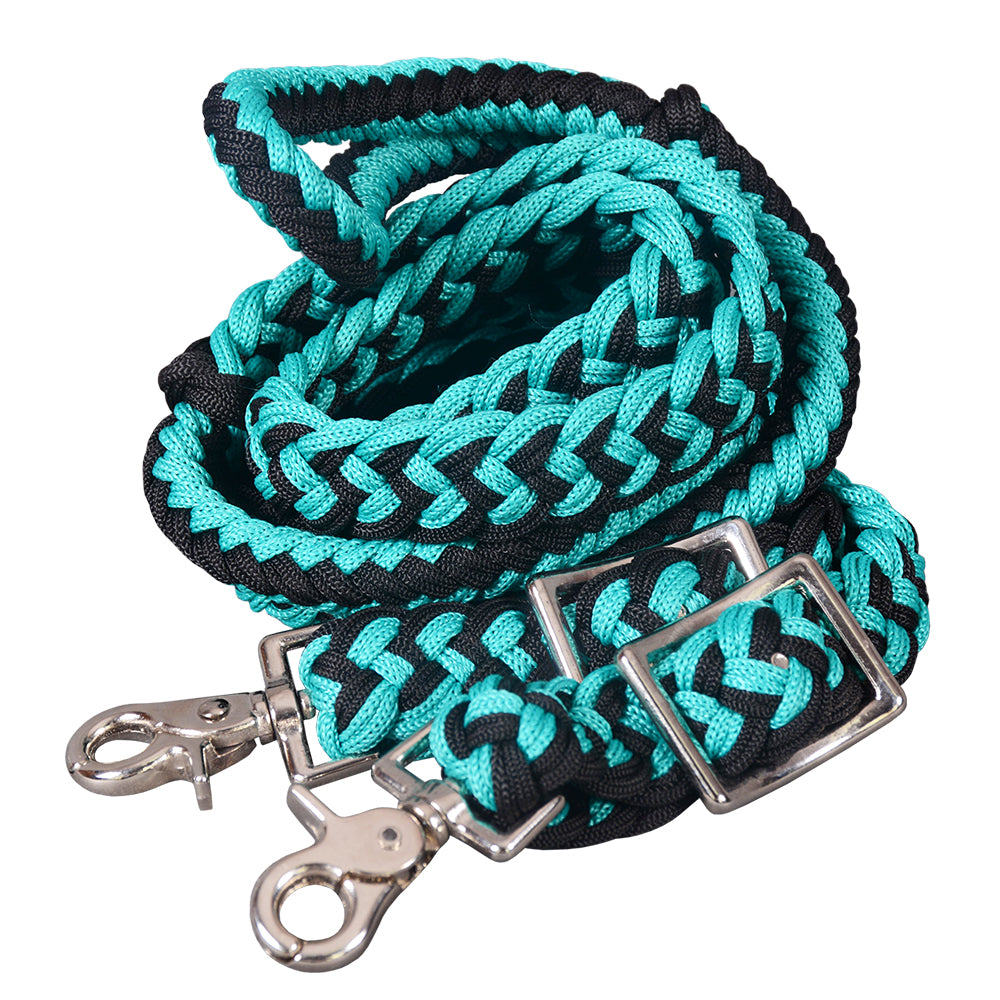 8 Ft. HILASON Braided Turquoise &amp; Black Flat Poly Roping Rein