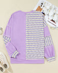 Purple Stripe Patchwork Buttoned Drop Shoulder Plus Size Pullover