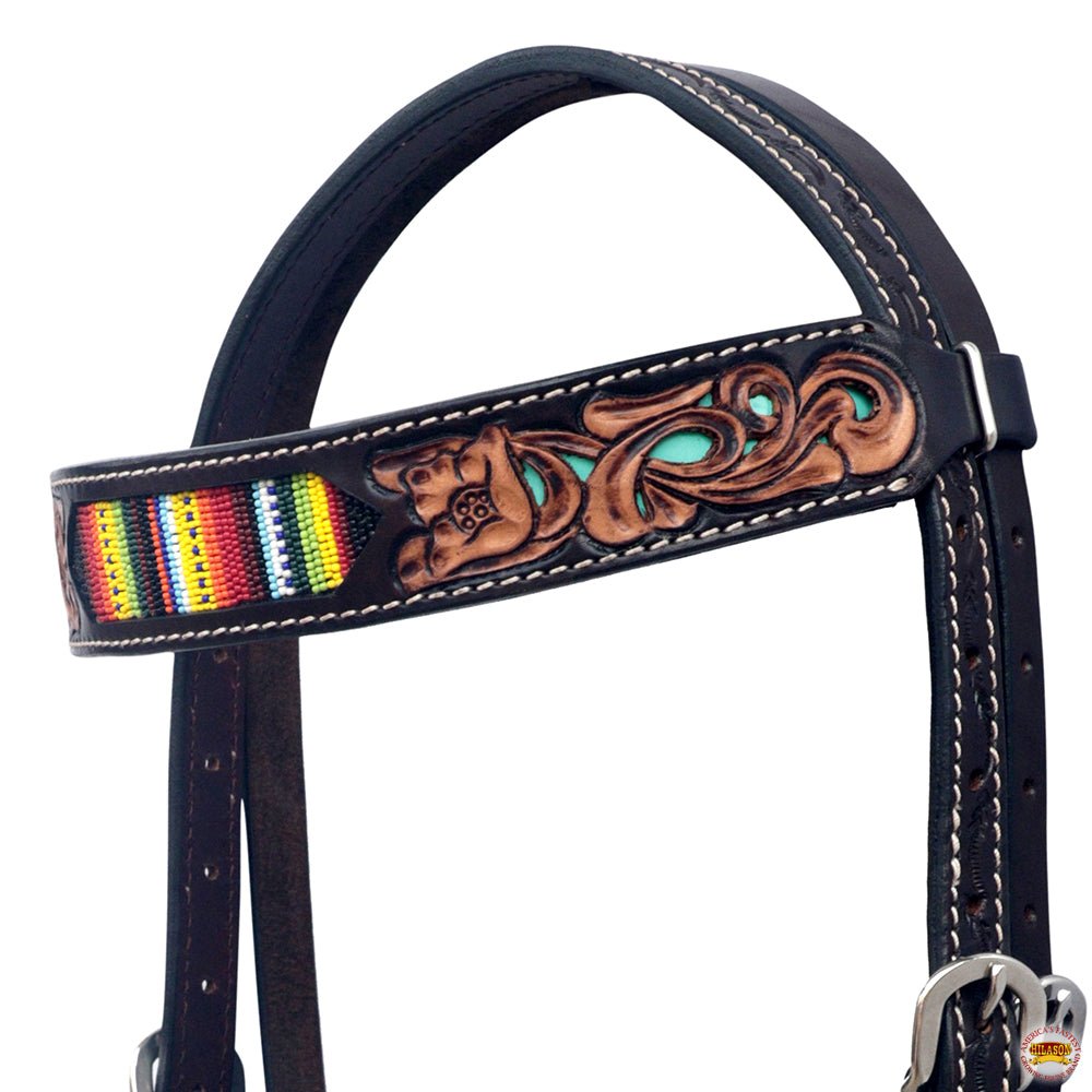 Western Horse Headstall And Floral Beaded Leather Breast Collar