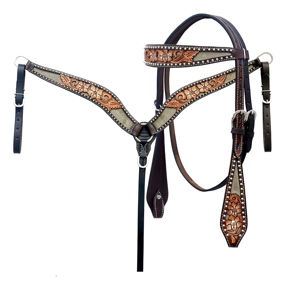 Hand-Carved Leather Western Headstall And Breast Collar Set For Training And Showing