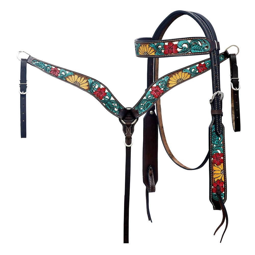 HILASON Western Horse Headstall &amp; Breast Collar American Leather Floral Carving