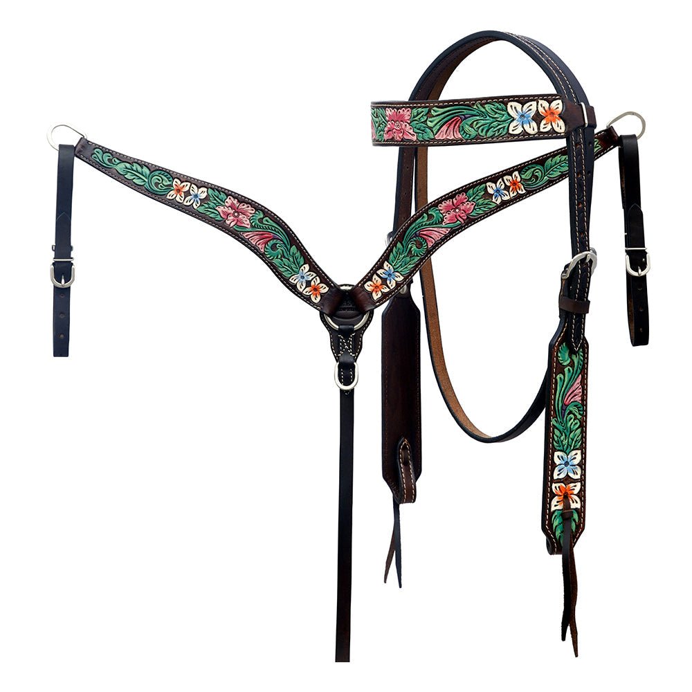 Hand-Carved Leather Western Headstall And Breast Collar Set For Training And Showing