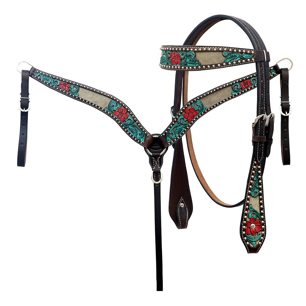 HILASON Western Horse Headstall &amp; Breast Collar American Leather Floral Carving