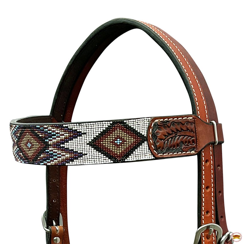 Western Horse Headstall And Floral Beaded Leather Breast Collar