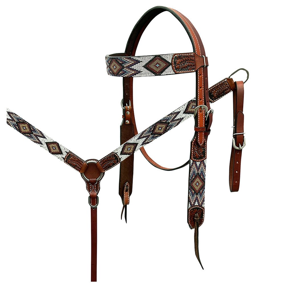 Western Horse Headstall And Floral Beaded Leather Breast Collar