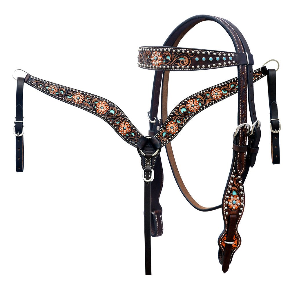 Hand-Carved Leather Western Headstall And Breast Collar Set For Training And Showing