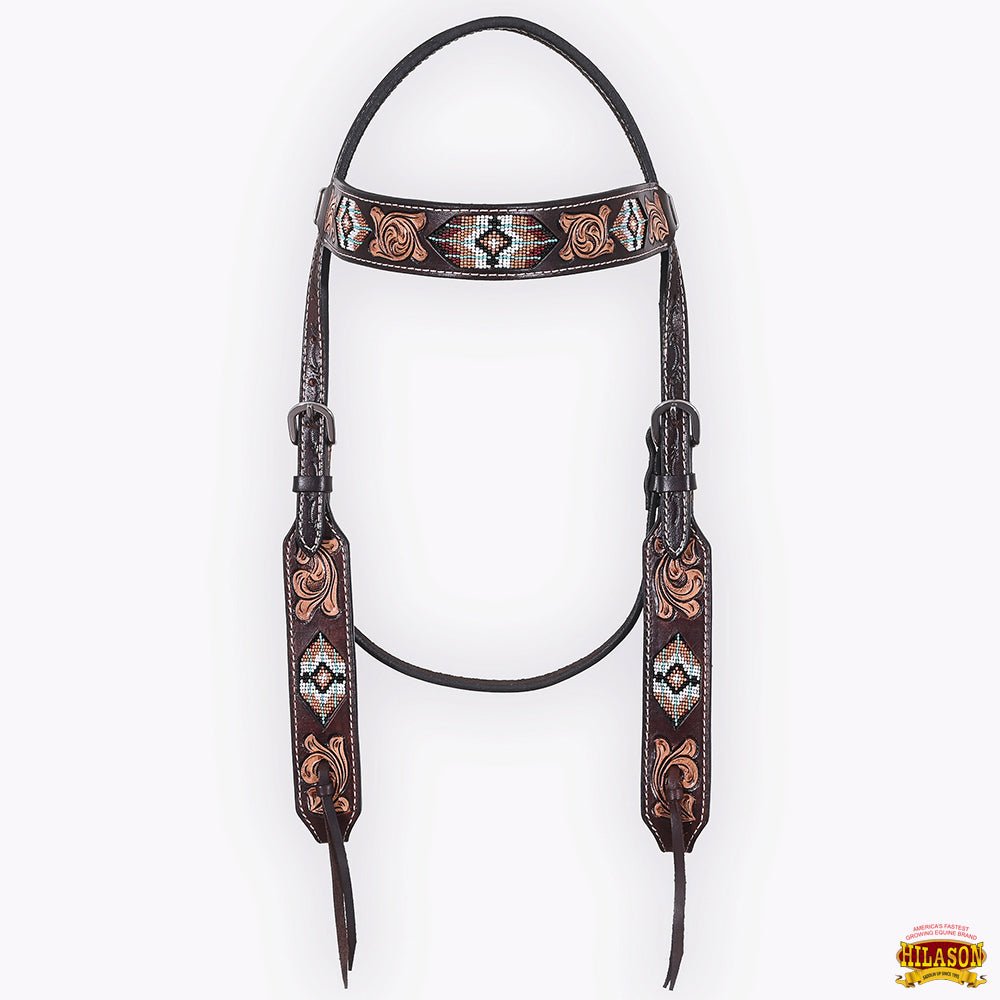 Western Horse Headstall And Floral Beaded Leather Breast Collar