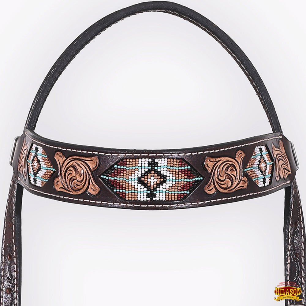 Western Horse Headstall And Floral Beaded Leather Breast Collar