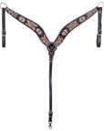 Hilason Horse Floral Hand Carved American Leather Breast Collar Headstall W/ Beaded Work Brown