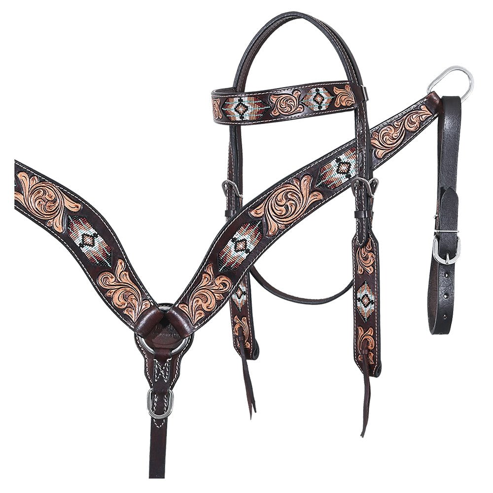 Western Horse Headstall And Floral Beaded Leather Breast Collar