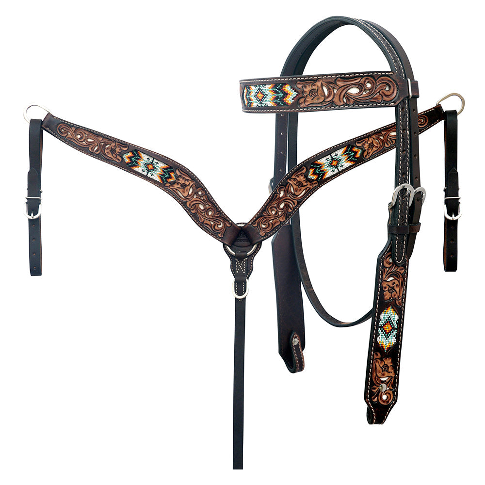 HILASON Western Leather Horse Headstall &amp; Breast Collar Floral Beeded Brown | Leather Headstall | Leather Breast Collar