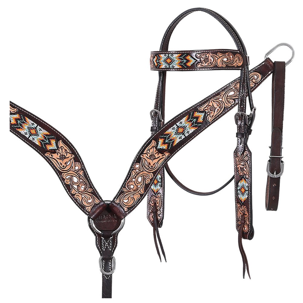 Western Horse Headstall And Floral Beaded Leather Breast Collar