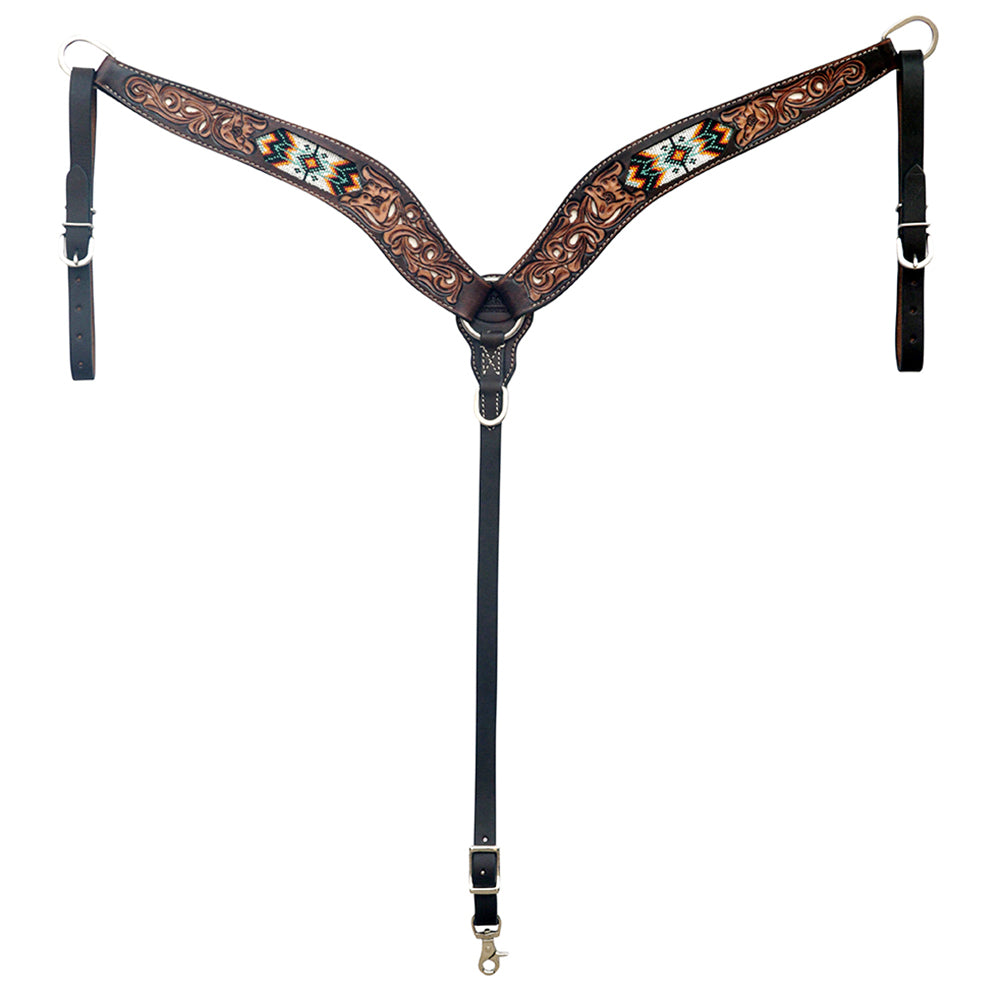 HILASON Western Leather Horse Headstall &amp; Breast Collar Floral Beeded Brown | Leather Headstall | Leather Breast Collar