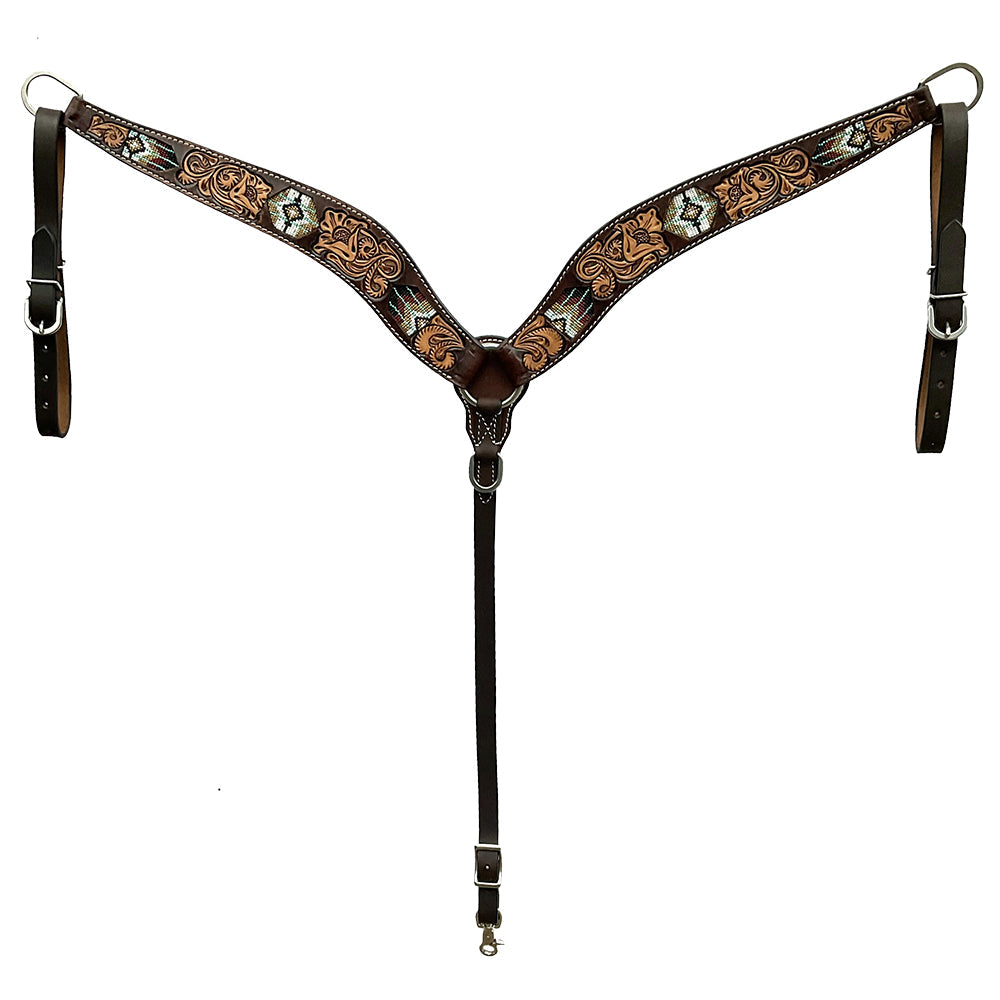 Hilason Horse Floral Hand Carved American Leather Breast Collar Headstall W/ Beaded Work Brown