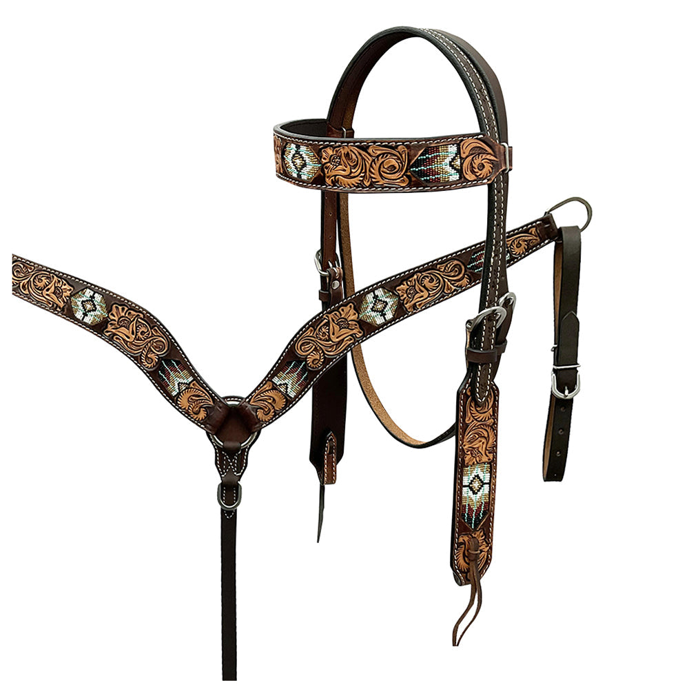 Hilason Horse Floral Hand Carved American Leather Breast Collar Headstall W/ Beaded Work Brown