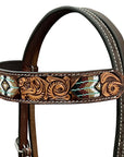 Hilason Horse Floral Hand Carved American Leather Breast Collar Headstall W/ Beaded Work Brown