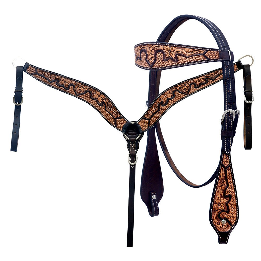 Hand-Carved Leather Western Headstall And Breast Collar Set For Training And Showing