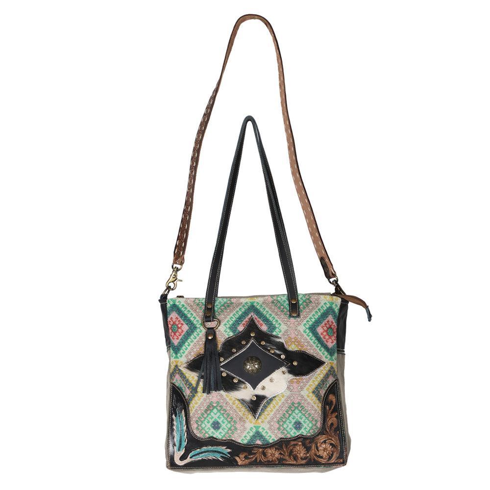 Ohlay Bags OHV182 Tote Hand Tooled Upcycled Canvas Hair-On Genuine Leather Women Bag Western Handbag Purse