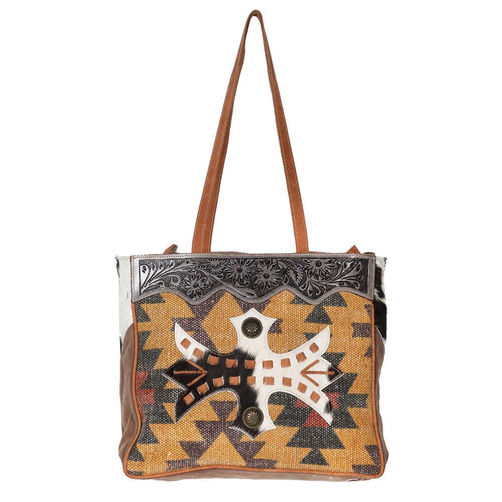 Ohlay Bags OHV187 Tote Hand Tooled Upcycled Wool Upcycled Canvas Hair-On Genuine Leather Women Bag Western Handbag Purse