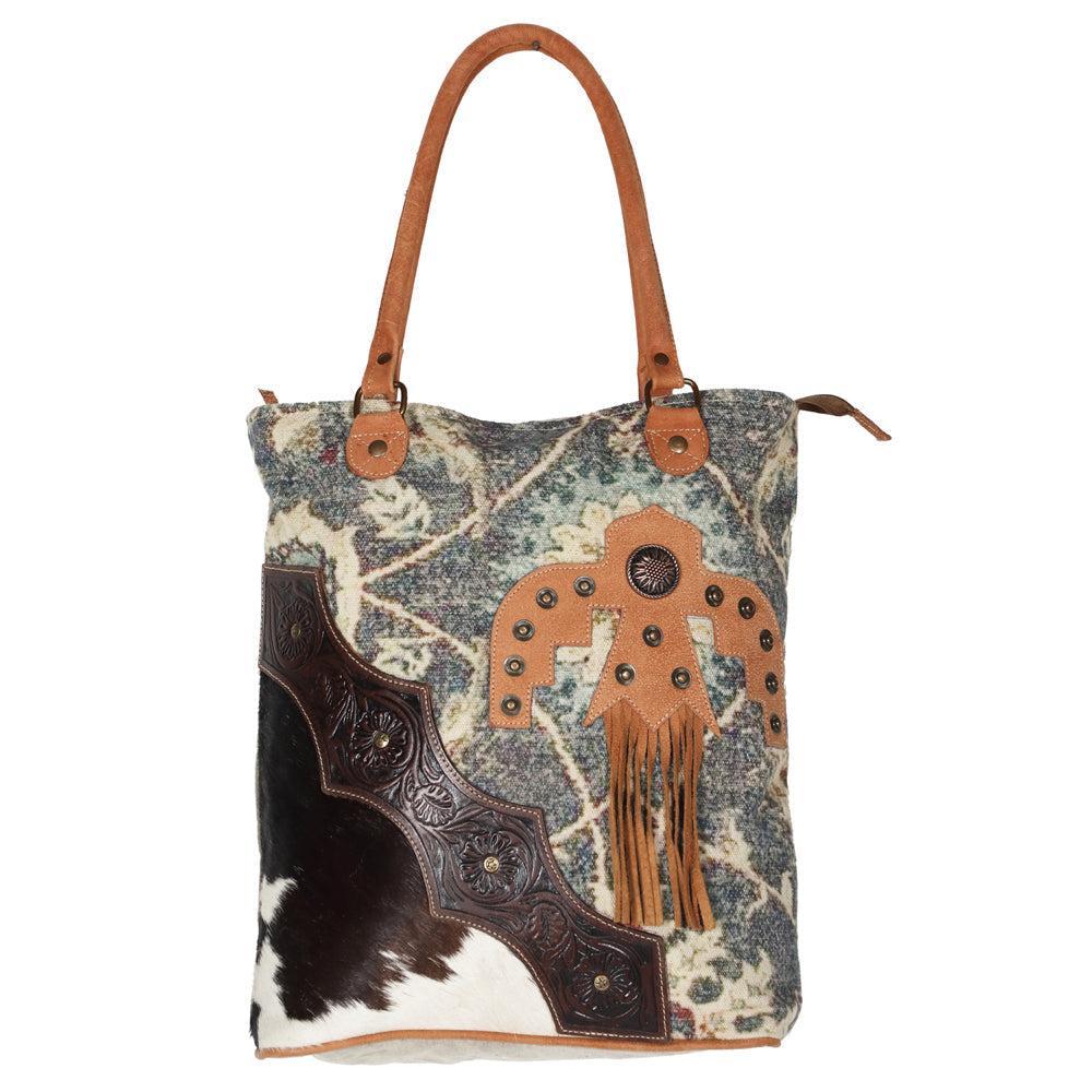 Ohlay Bags OHV193 Tote Hand Tooled Upcycled Canvas Hair-On Genuine Leather Women Bag Western Handbag Purse