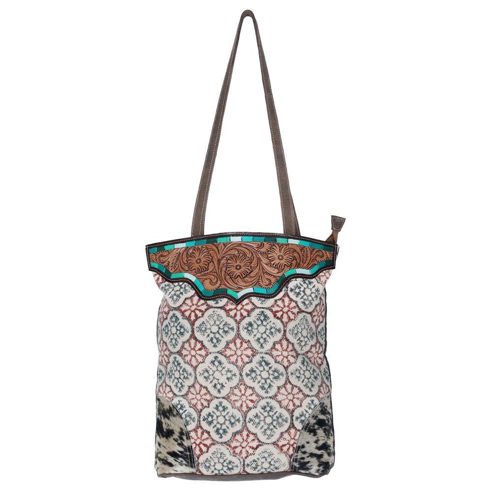 Ohlay Bags OHV197 Tote Hand Tooled Upcycled Canvas Hair-On Genuine Leather Women Bag Western Handbag Purse