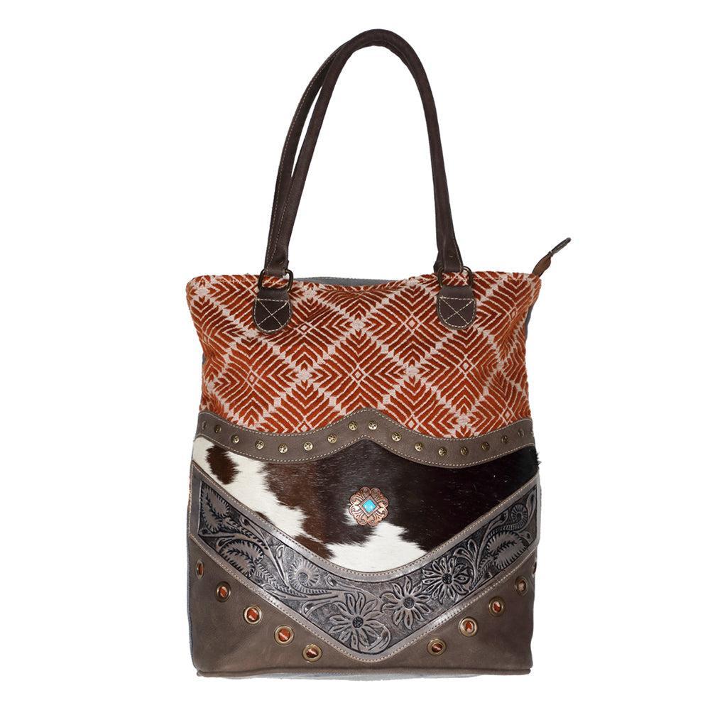 Ohlay Bags OHV203 Tote Hand Tooled Upcycled Canvas Hair-On Genuine Leather Women Bag Western Handbag Purse