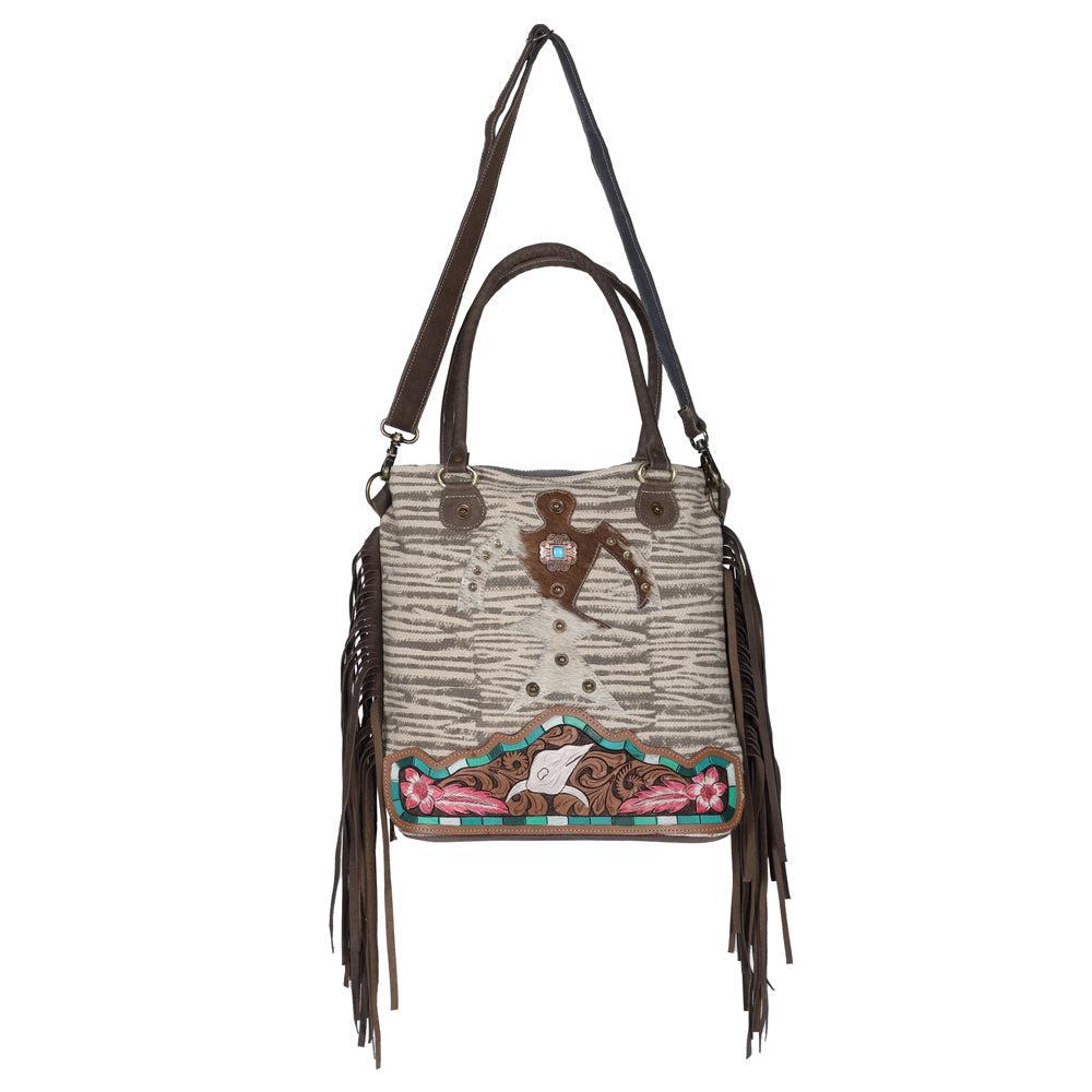 Ohlay Bags OHV211 Tote Hand Tooled Upcycled Canvas Hair-On Genuine Leather Women Bag Western Handbag Purse