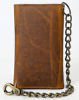 American Tanner Genuine Leather Rodeo Trifold Unisex Wallet With Chain Snap