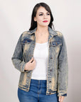 ADJKT021 Genuine leather Hand tooled hand carved Women 100% cotton Denim jacket  dress ladies girl