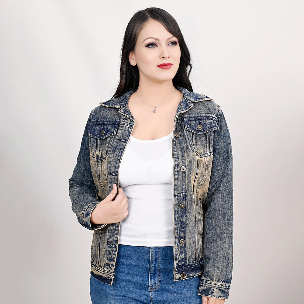 ADJKT025 Genuine leather Hand tooled hand carved Women 100% cotton Denim jacket  dress ladies girl